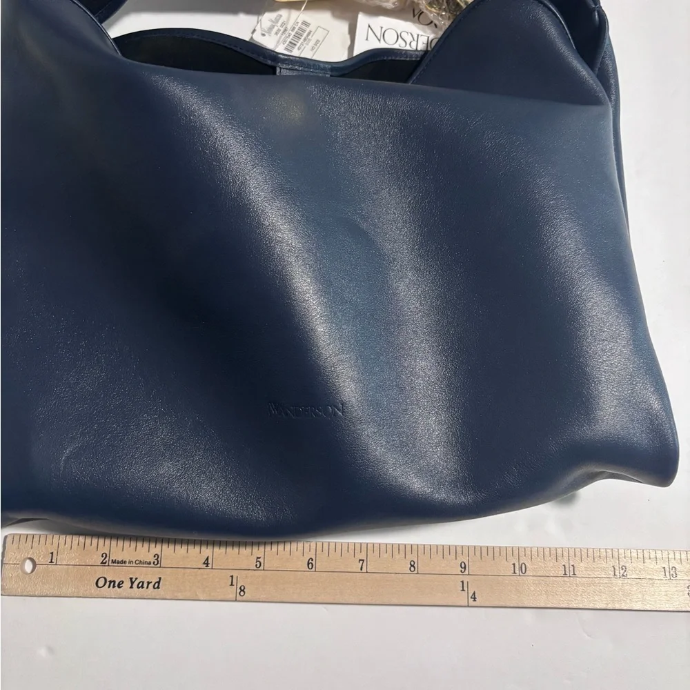 Leather Top-Handle Tote in Navy with Gold Chain Detail